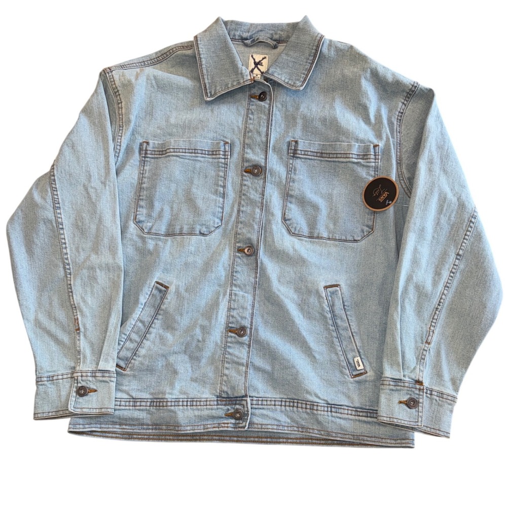 Vans x Leila Hurst Denim Chore Coat Light Wash Blue Button Front Jacket M NEW